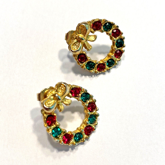 Christmas Holiday Pierced Earrings Red & Green Rhinestones Small Gold Wreaths - Picture 2 of 6